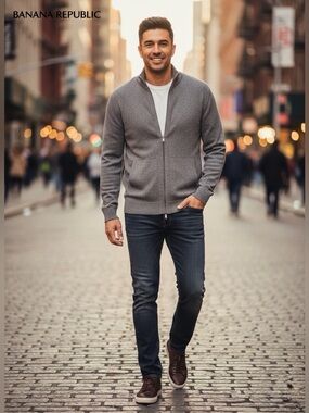 Banana Republic XL Sweater Men Gray Silk Cashmere Blend Full Zip Luxury Cardigan